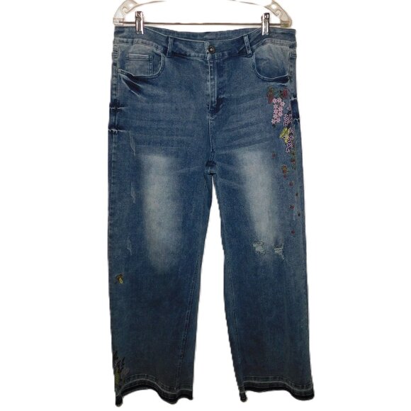 W.A.Y Wonderful And Young Distressed & Embroidered Denim Jeans Size 14 Raw Hem - Picture 1 of 10